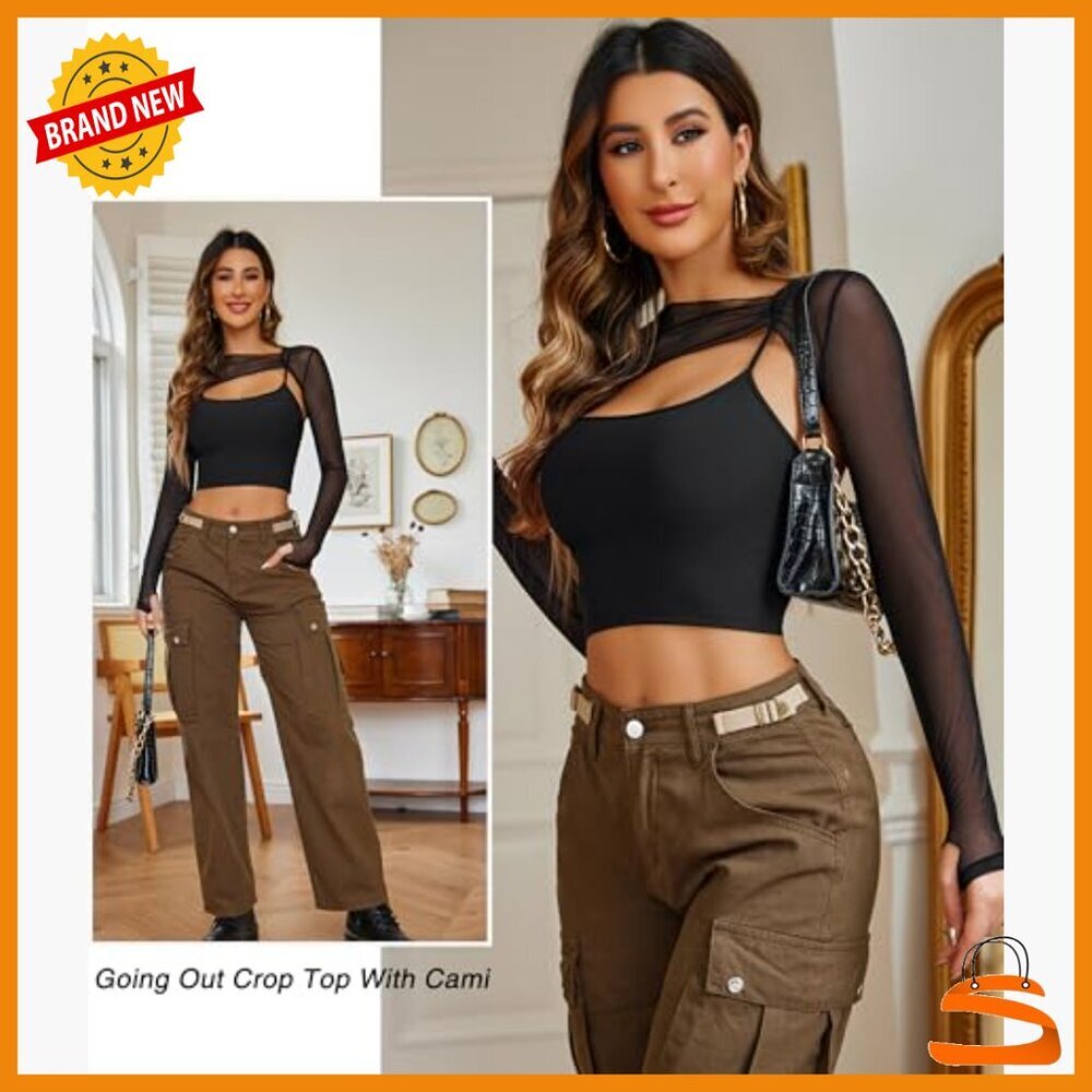 Mesh Long Sleeve Crop Top with Cami Clubwear Set Thumb Holes - Picture 2 of 7